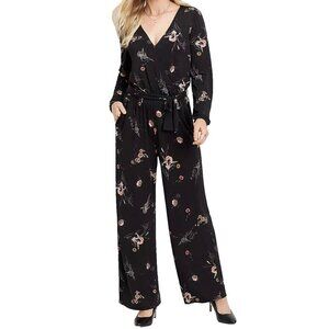 Maurices Jumpsuit Womens 4X Long Sleeve Floral Black Wide Leg Flowy Pockets Belt